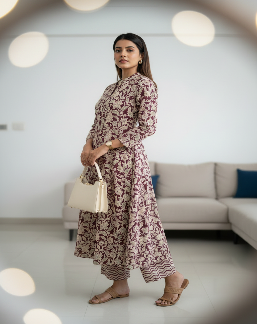 Meroon Floral Printed Cotton A Line Kurti Pant Set
