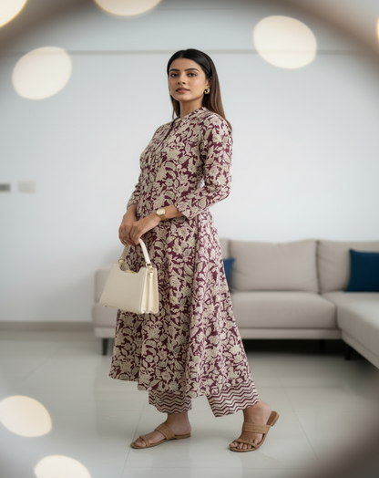 Meroon Floral Printed Cotton A Line Kurti Pant Set