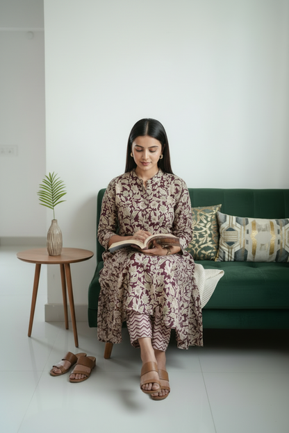 Meroon Floral Printed Cotton A Line Flared Kurti Pant Set
