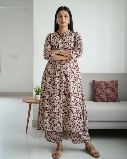 Meroon Floral Printed Cotton A Line Kurti Pant Set
