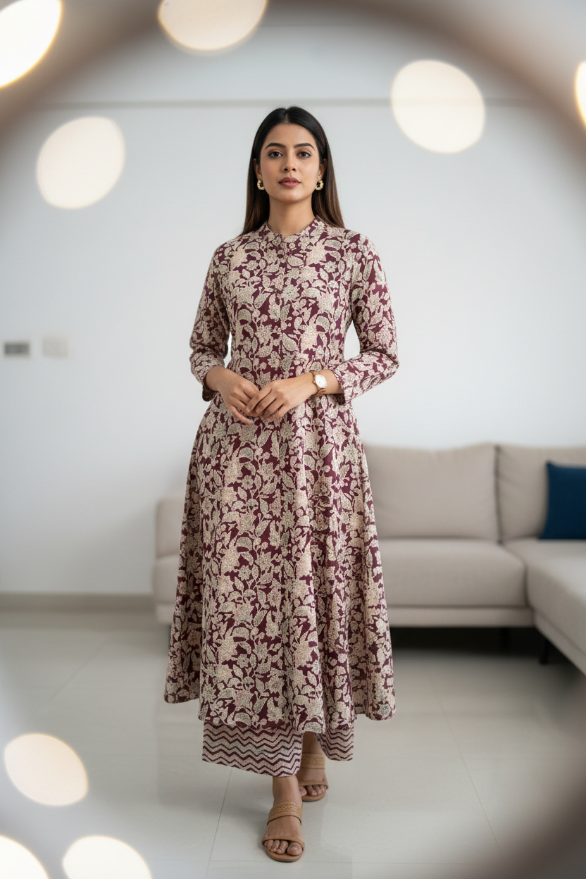 Meroon Floral Printed Cotton A Line Kurti Pant Set