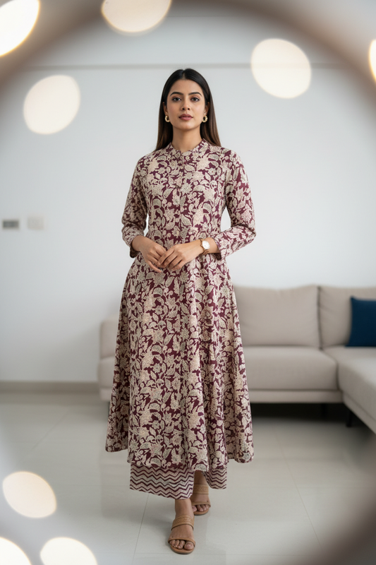 Meroon Floral Printed Cotton A Line Kurti Pant Set