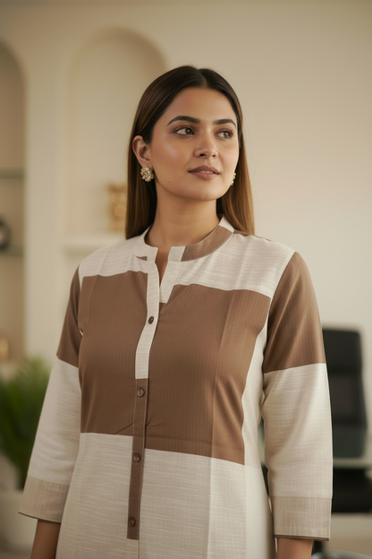 Beige Geometric Cotton A Line Kurti Pant set
