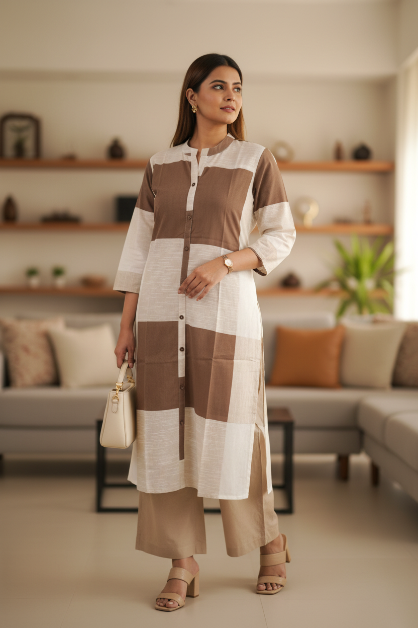 Beige Geometric Cotton A Line Kurti Pant set