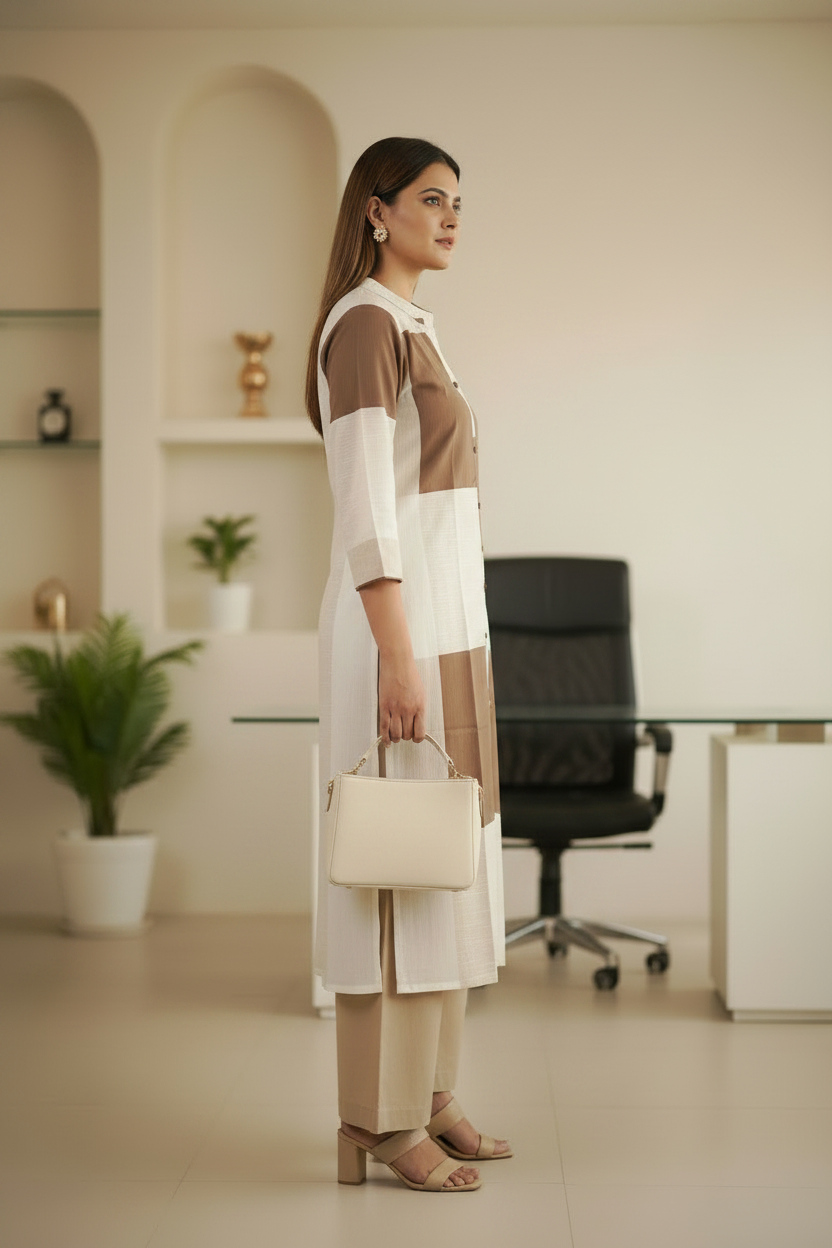 Beige Geometric Cotton A Line Kurti Pant set