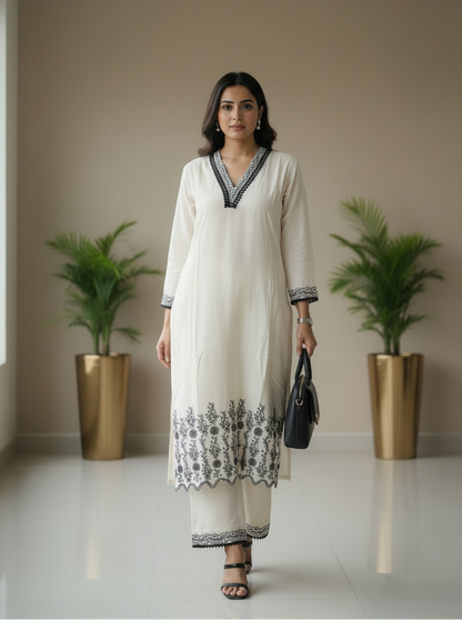 Beige Floral Embroidered Rayon Cordset with Lace detailing
