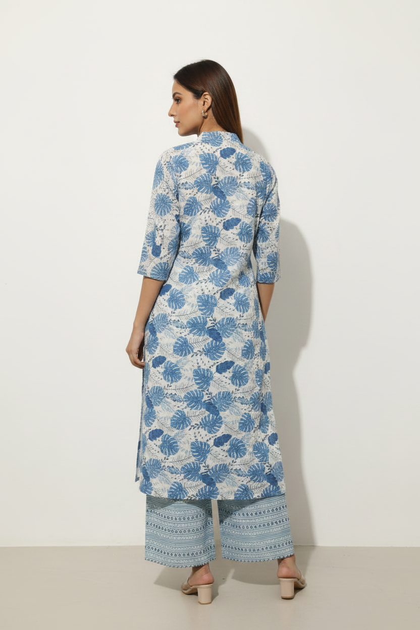 Blue Leaf Printed Cotton A Line Kurti Pant Set