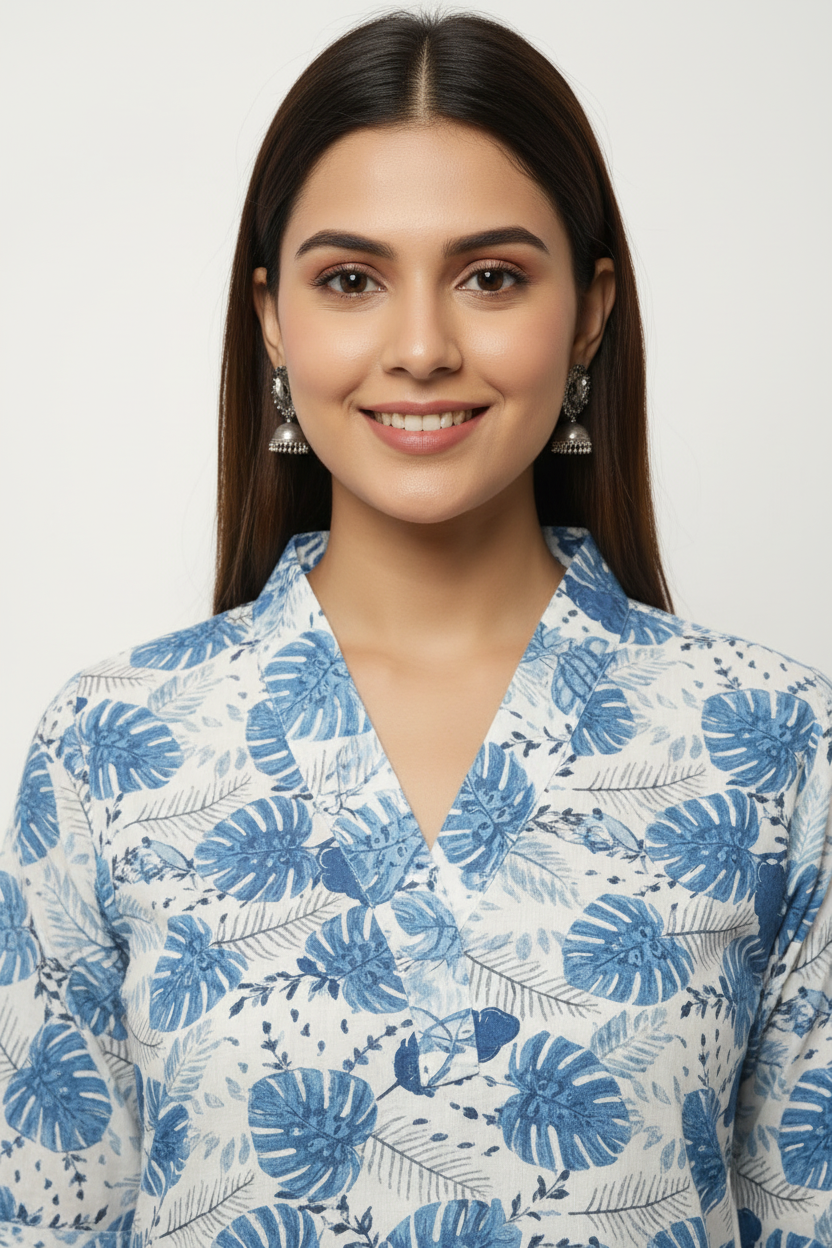 Blue Leaf Printed Cotton A Line Kurti Pant Set