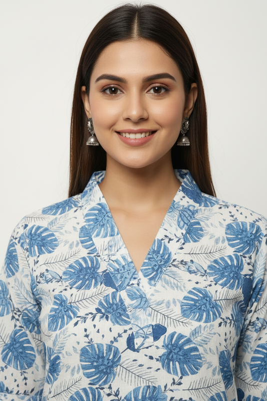 Blue Leaf Printed Cotton A Line Kurti Pant Set