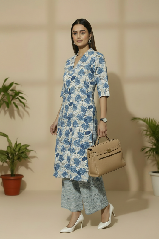 Blue Leaf Printed Cotton A Line Kurti Pant Set