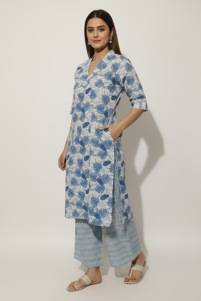 Blue Leaf Printed Cotton A Line Kurti Pant Set