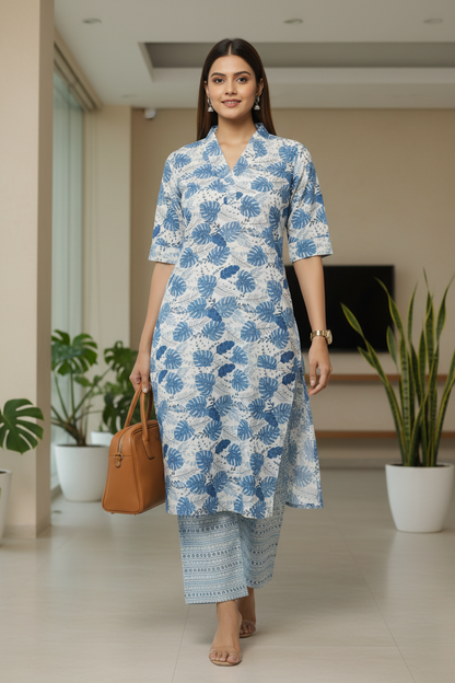Blue Leaf Printed Cotton A Line Kurti Pant Set