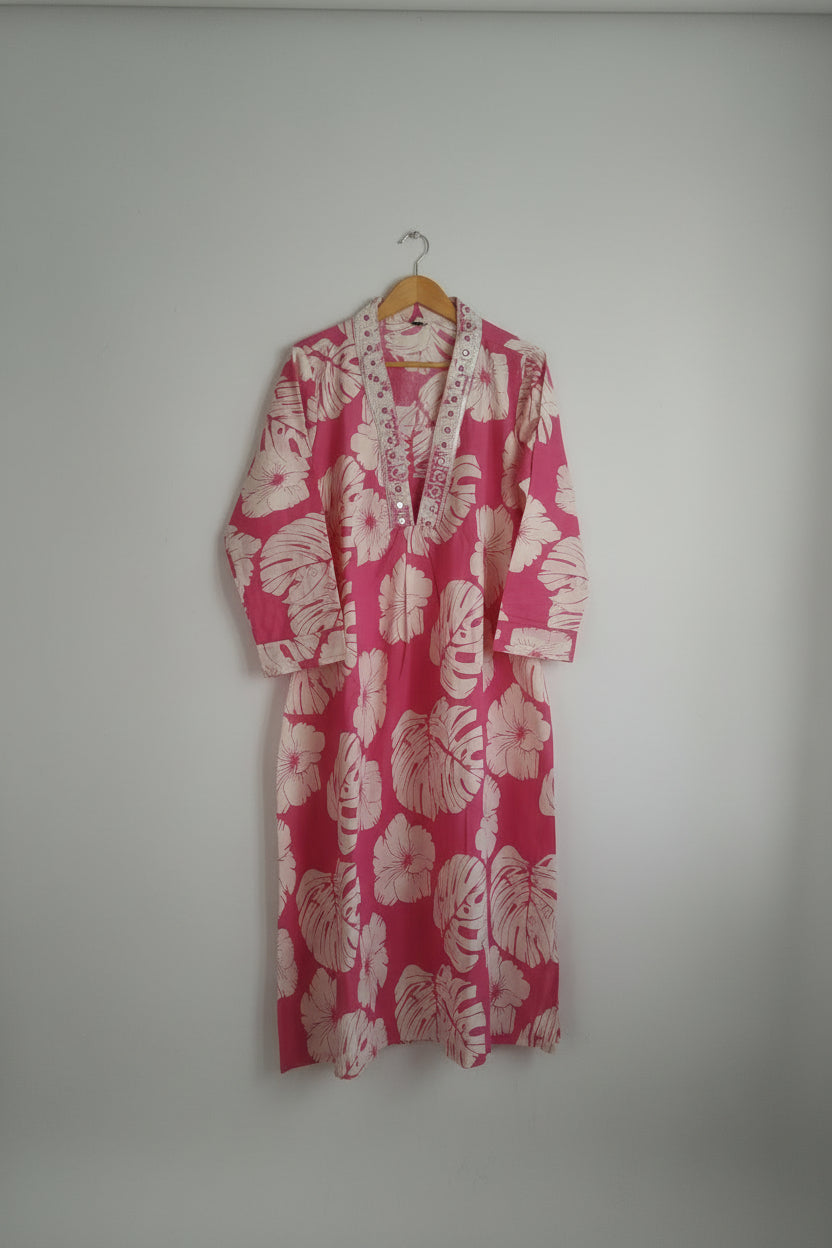 Pink Floral Printed Cotton A Line Cordsets