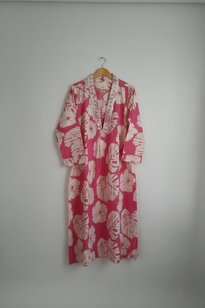 Pink Floral Printed Cotton A Line Cordsets