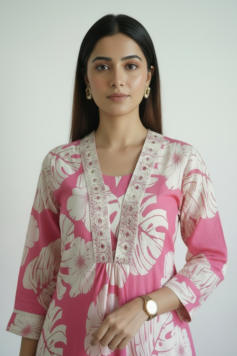 Pink Floral Printed Cotton A Line Cordsets