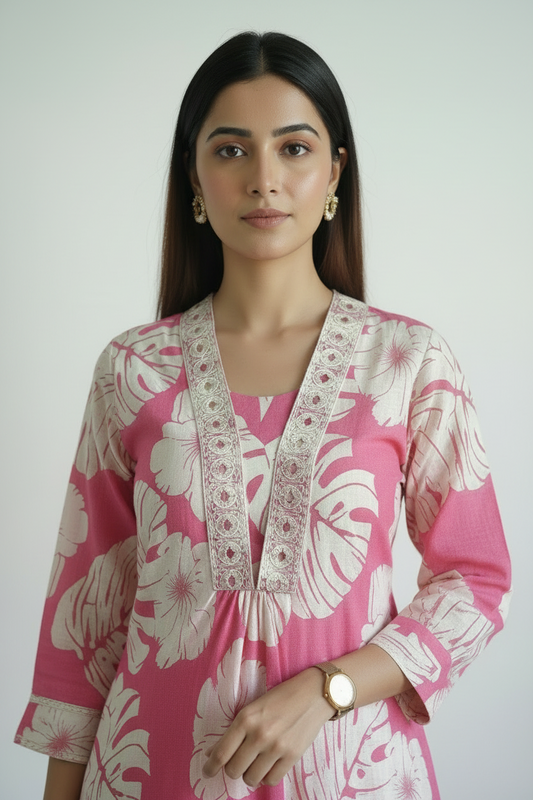 Pink Floral Printed Cotton A Line Cordsets