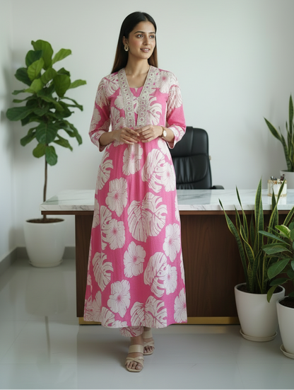 Pink Floral Printed Cotton A Line Cordsets
