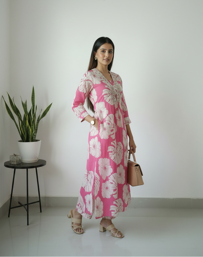 Pink Floral Printed Cotton A Line Cordsets