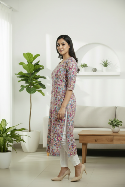Pink floral  printed ctton straight kurti with 3/4th sleeves