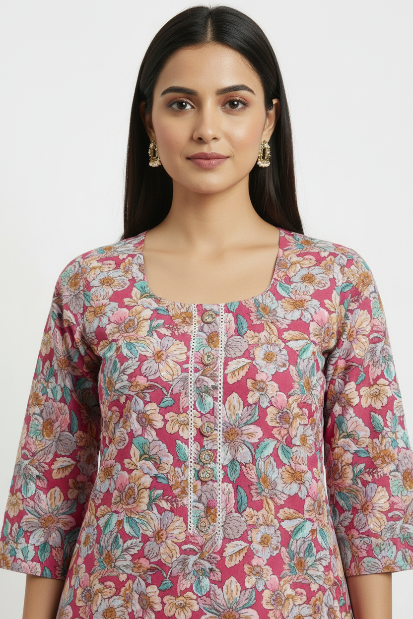 Pink floral  printed ctton straight kurti with 3/4th sleeves