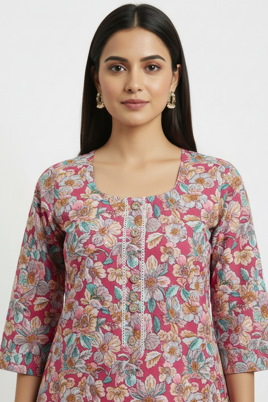 Pink floral  printed ctton straight kurti with 3/4th sleeves