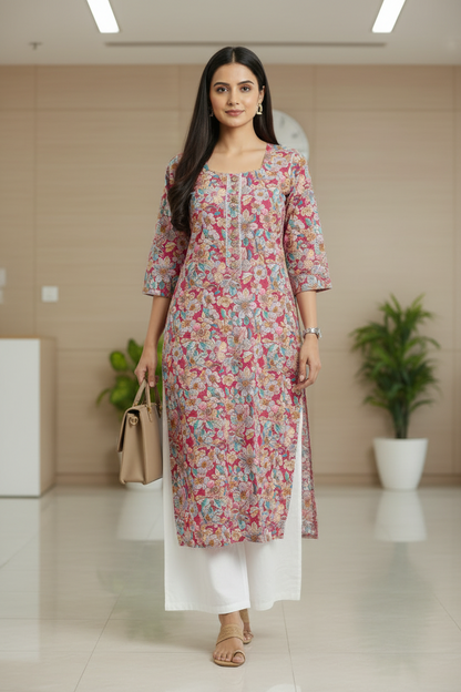 Pink Floral Printed Straight Kurti