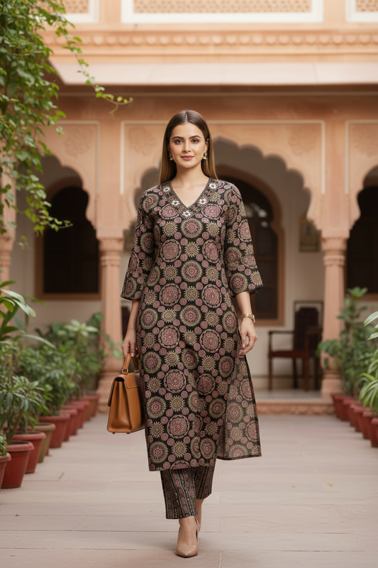 Black Printed Cotton A Line Kurti Pant Set
