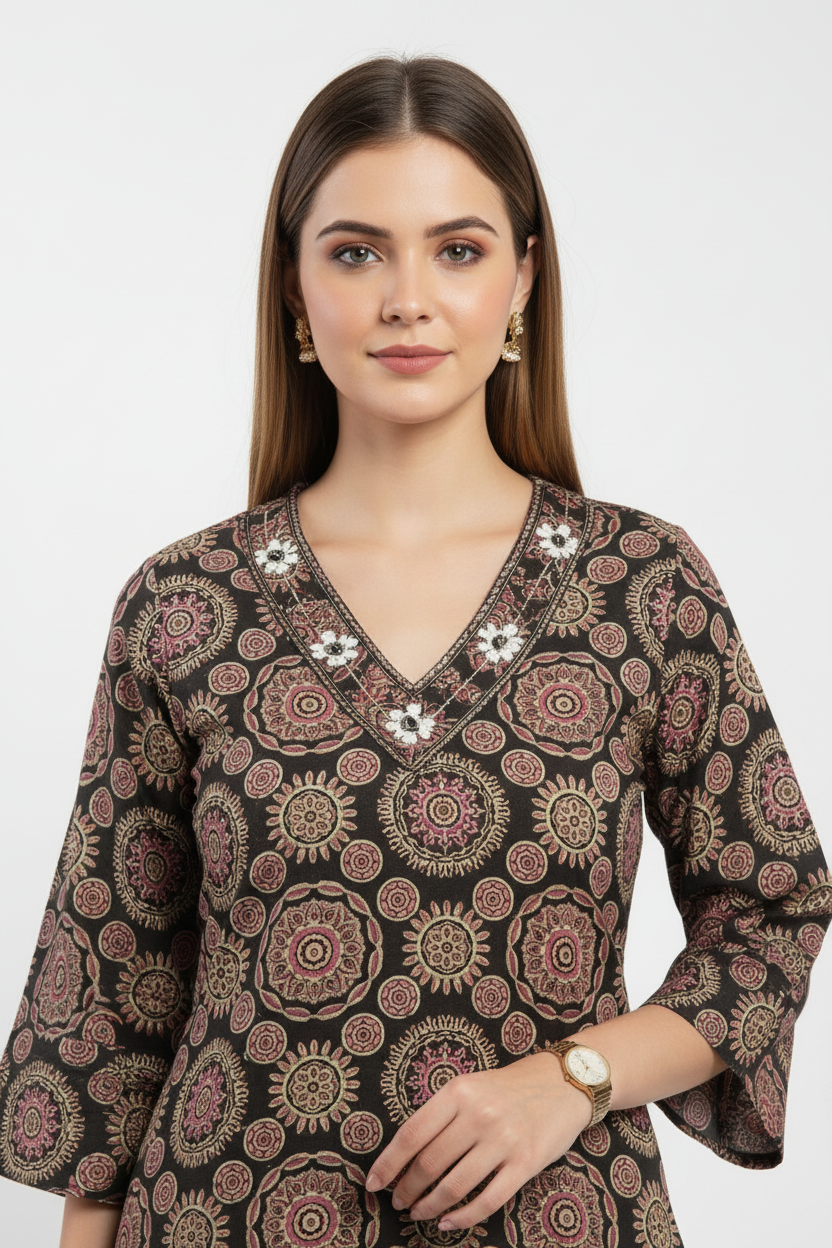 Black Printed Cotton A Line Kurti Pant Set