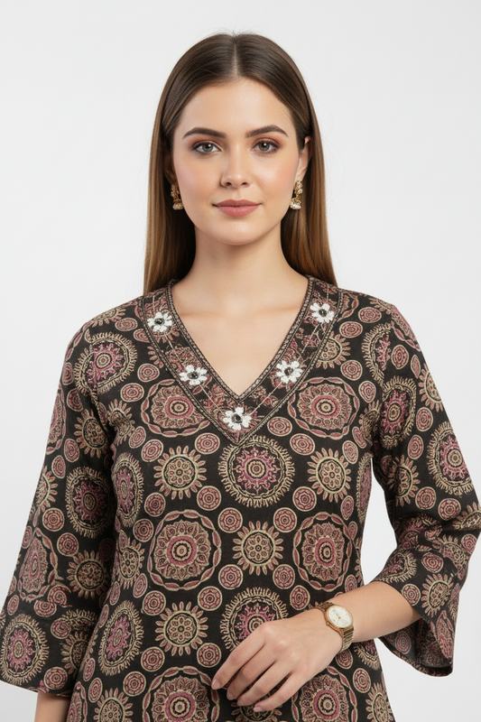 Black Printed Cotton A Line Kurti Pant Set