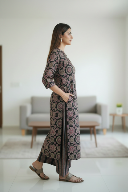 Black Printed Cotton A Line Kurti Pant Set