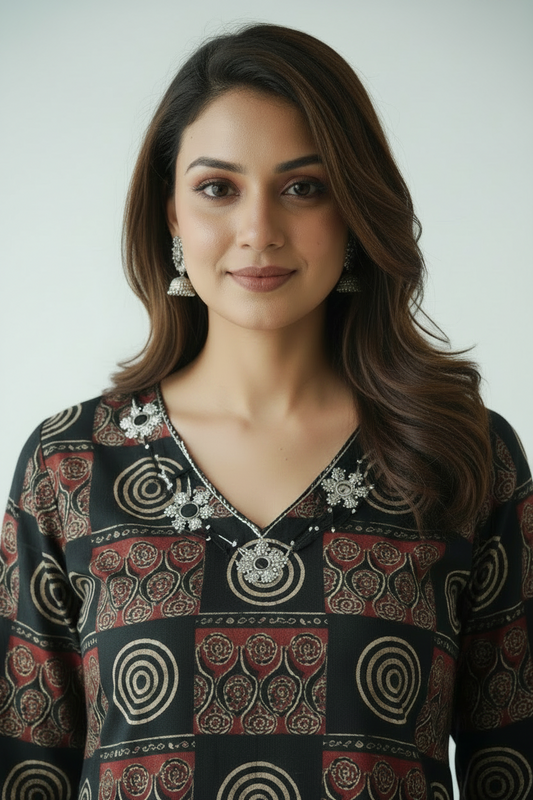 Black Printed Cotton A Line  Kurti Pant Set