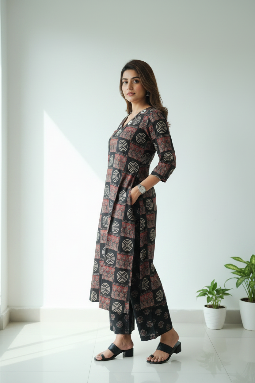 Black Printed Cotton A Line  Kurti Pant Set
