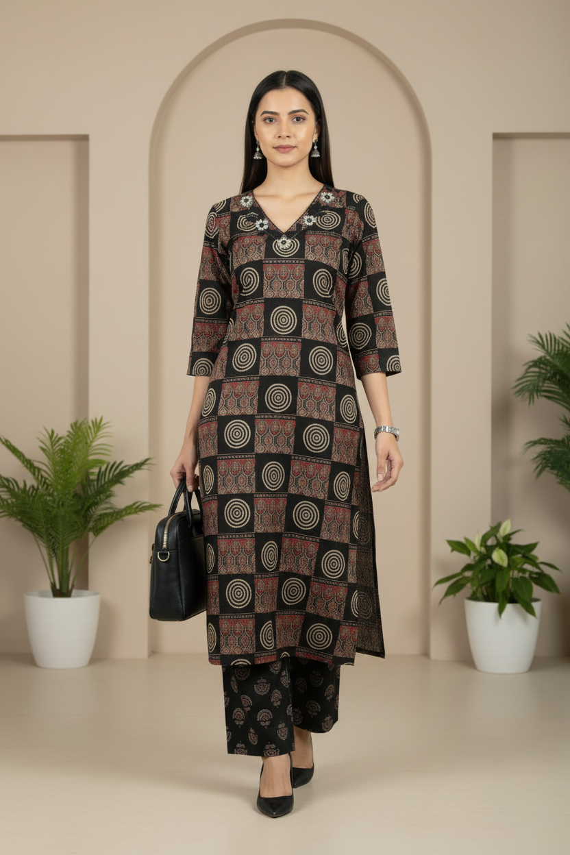 Black Printed Cotton A Line  Kurti Pant Set