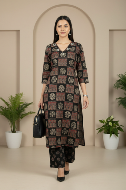 Black Printed Cotton A Line  Kurti Pant Set