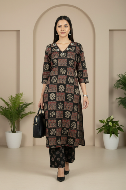 Black Printed Cotton A Line  Kurti Pant Set