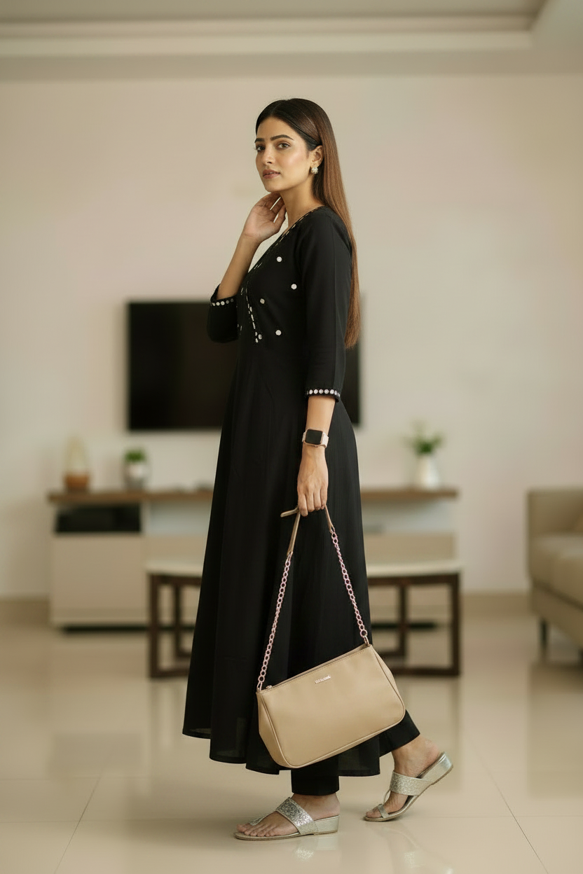 Black Cotton A Line Flared Kurti Pant Set