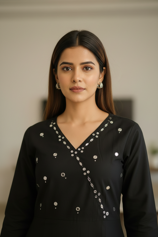 Black Cotton A Line Flared Kurti Pant Set