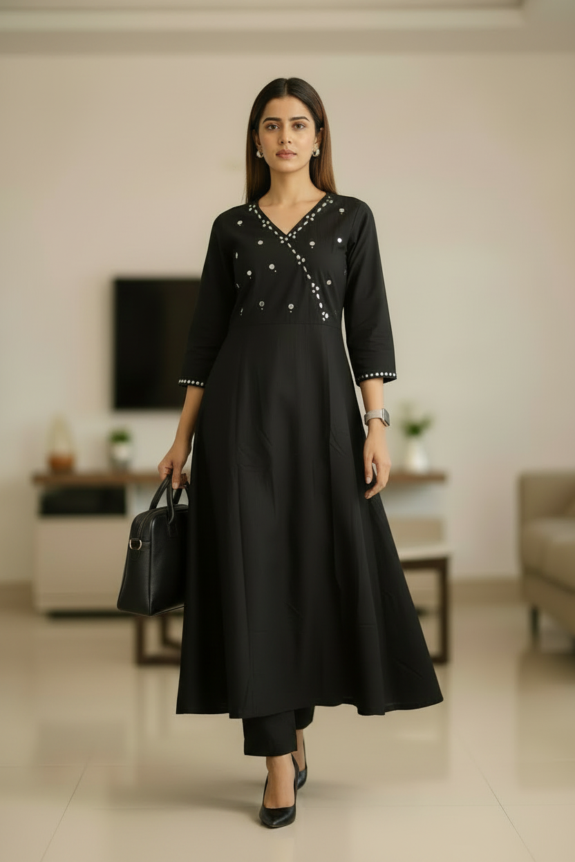 Black Cotton A Line Flared Kurti Pant Set