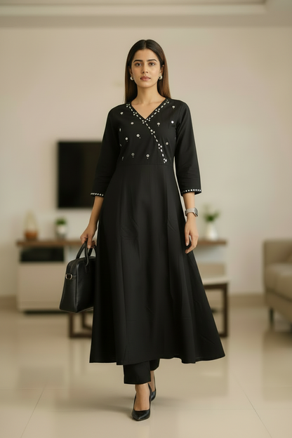 Black Cotton A Line Flared Kurti Pant Set
