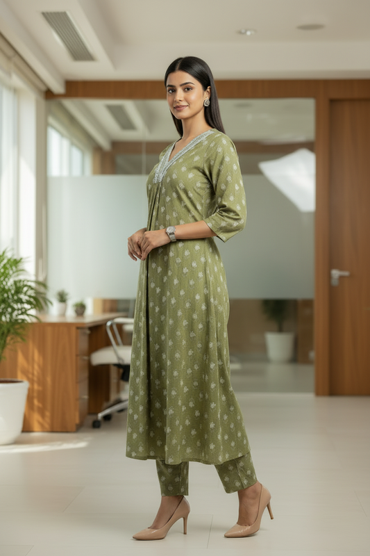 Green Floral Printed Cotton A Line Cordset