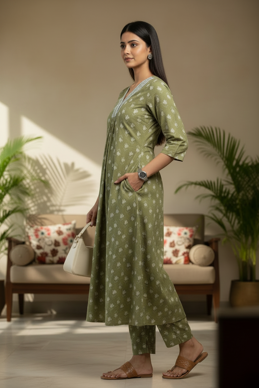 Green Floral Printed Cotton A Line flared Cordset with mirror work