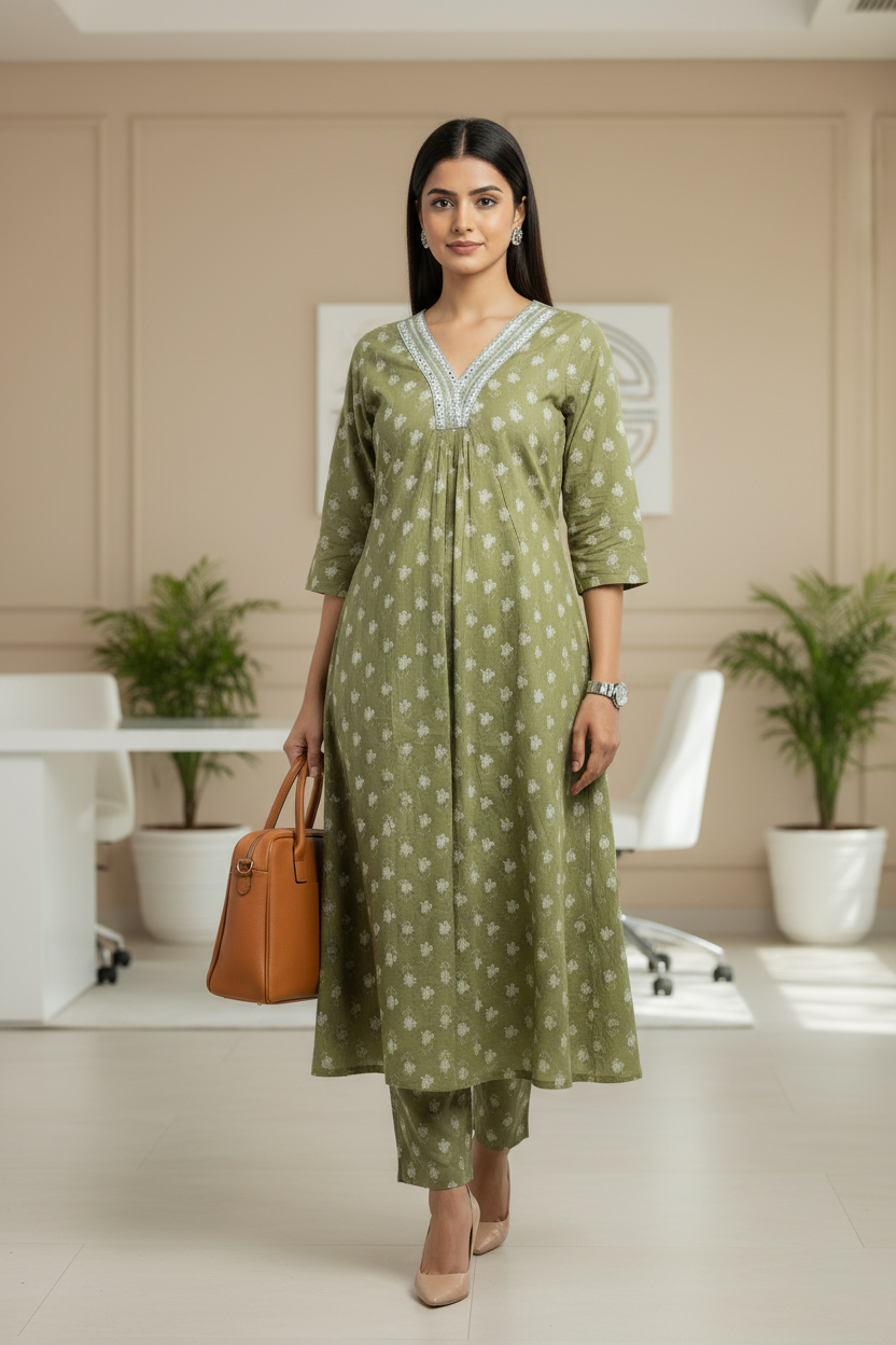 Green Floral Printed Cotton A Line Cordset