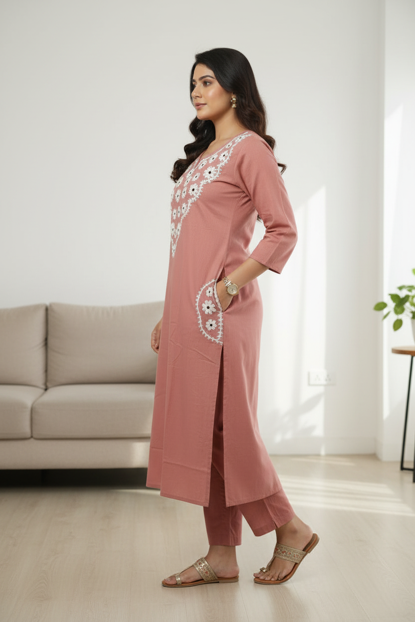 Brown Floral Embroidered Cotton Slub Kurti Pant set with 3/4 th sleeves