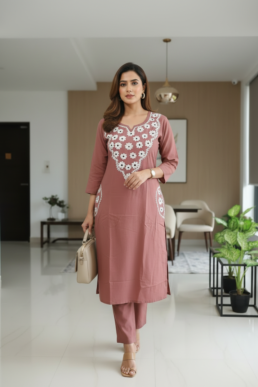 Brown Embroidered Cotton Slub A Line Kurti Pant Set