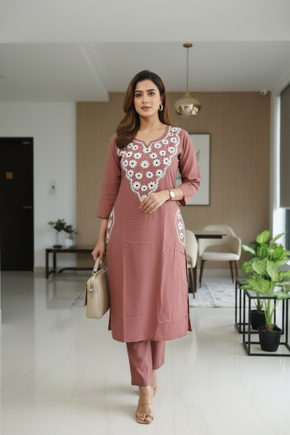 Brown Embroidered Cotton Slub A Line Kurti Pant Set