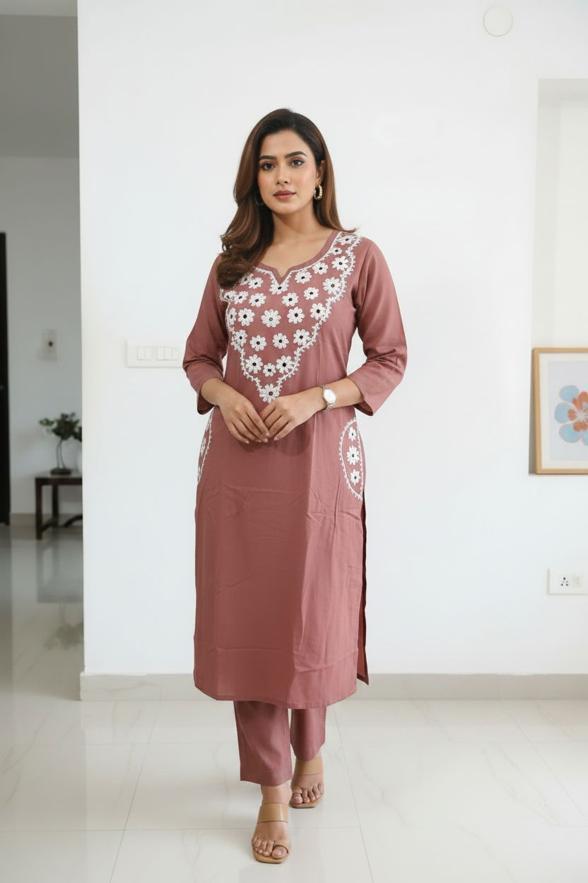 Brown Embroidered Cotton Slub A Line Kurti Pant Set