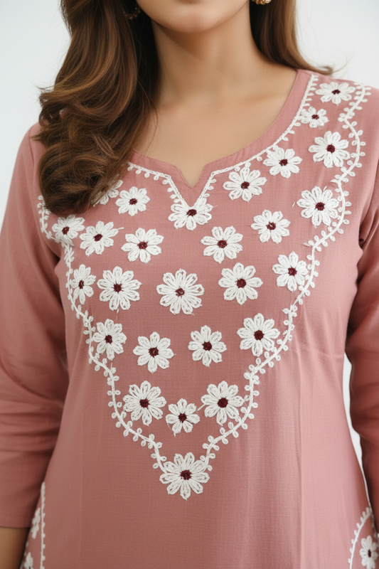 Brown Embroidered Cotton Slub A Line Kurti Pant Set