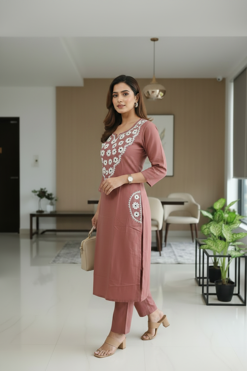 Brown Embroidered Cotton Slub A Line Kurti Pant Set