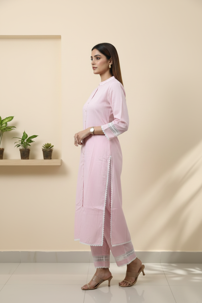 Baby Pink Cotton Straight Kurti Pant set With Lace Detailing