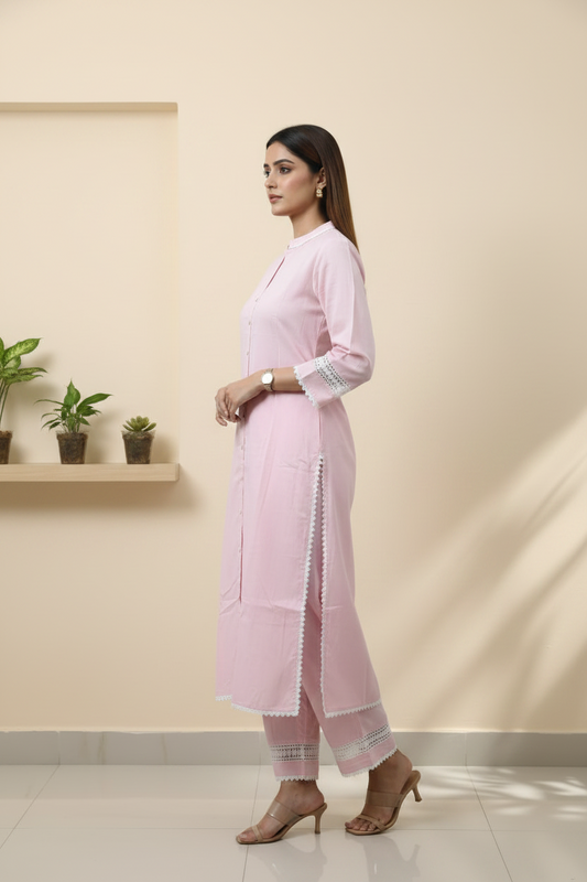 Baby Pink Cotton Straight Kurti Pant set With Lace Detailing